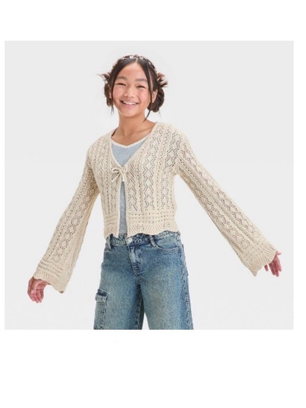 art class Cream Open Knit Flyaway Tie-Front Cardigan, Girls M (8)